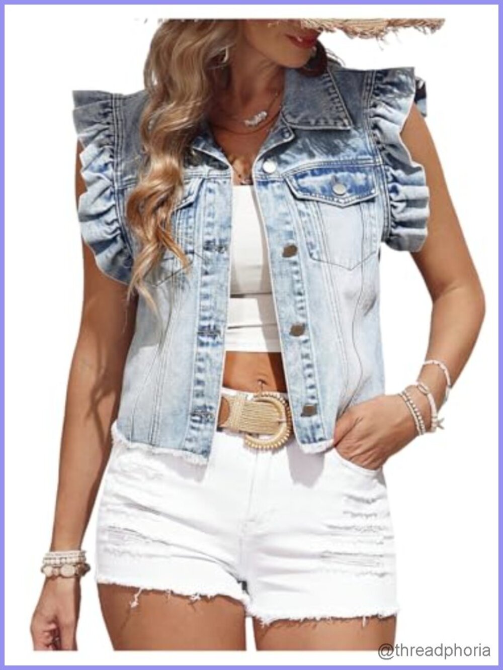 Women's Cropped Denim Vest Sleeveless Ruffle Jean Jacket with Pockets